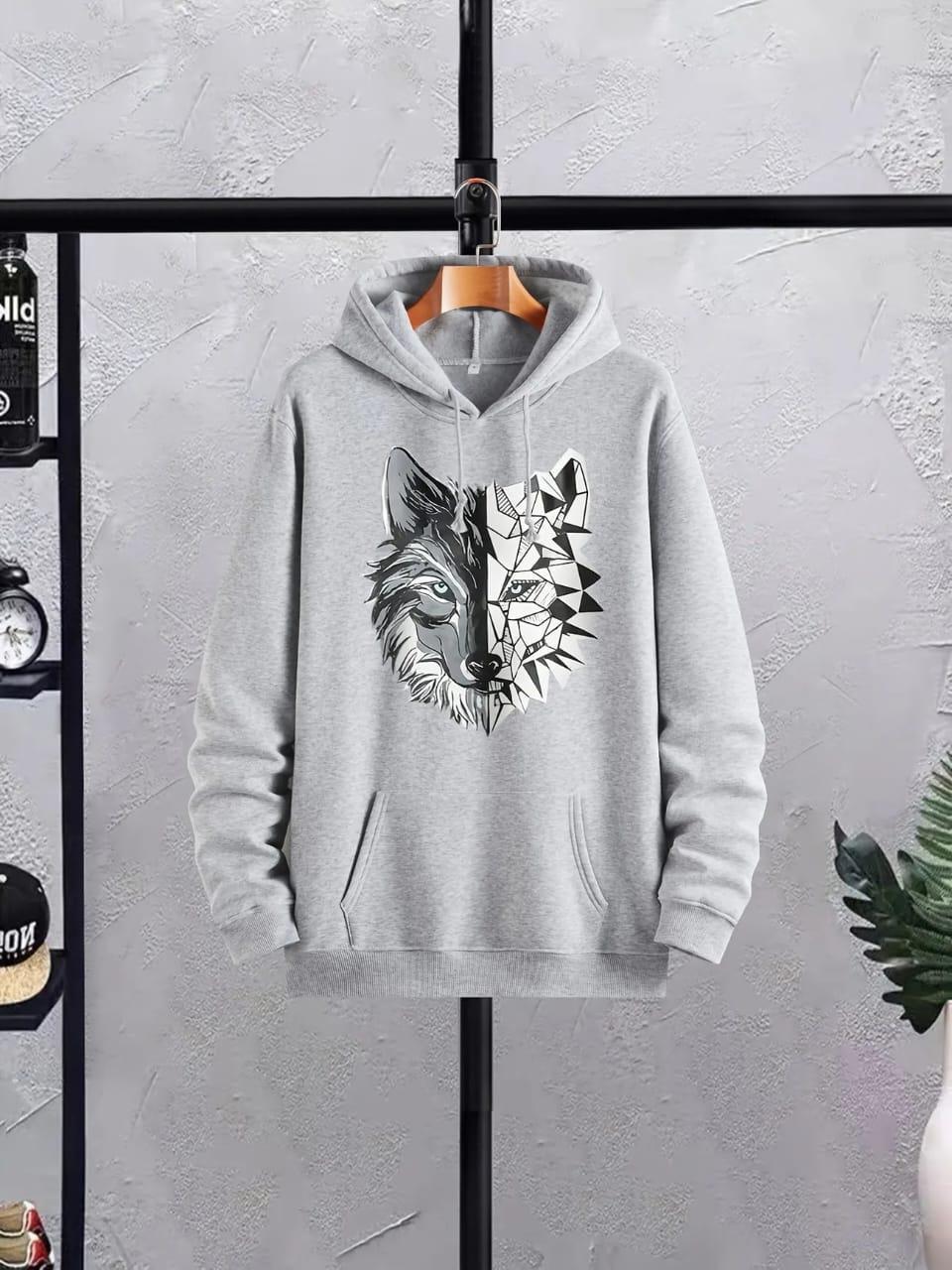 Men's Fleece Hoodie Track Suit - 2 Pcs Grey Printed Set, Wolf