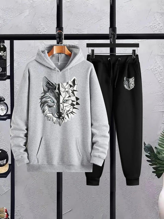 Men's Fleece Hoodie Track Suit - 2 Pcs Grey Printed Set, Wolf